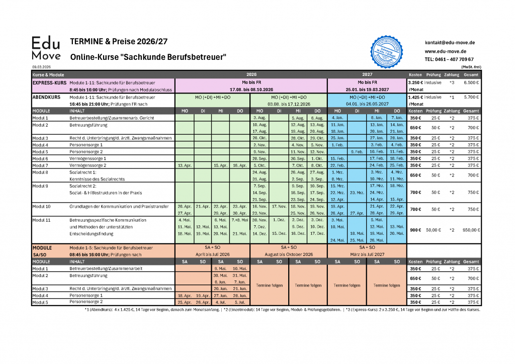 Termine Preis Berufsbetreuer Sachkunde 2026/27