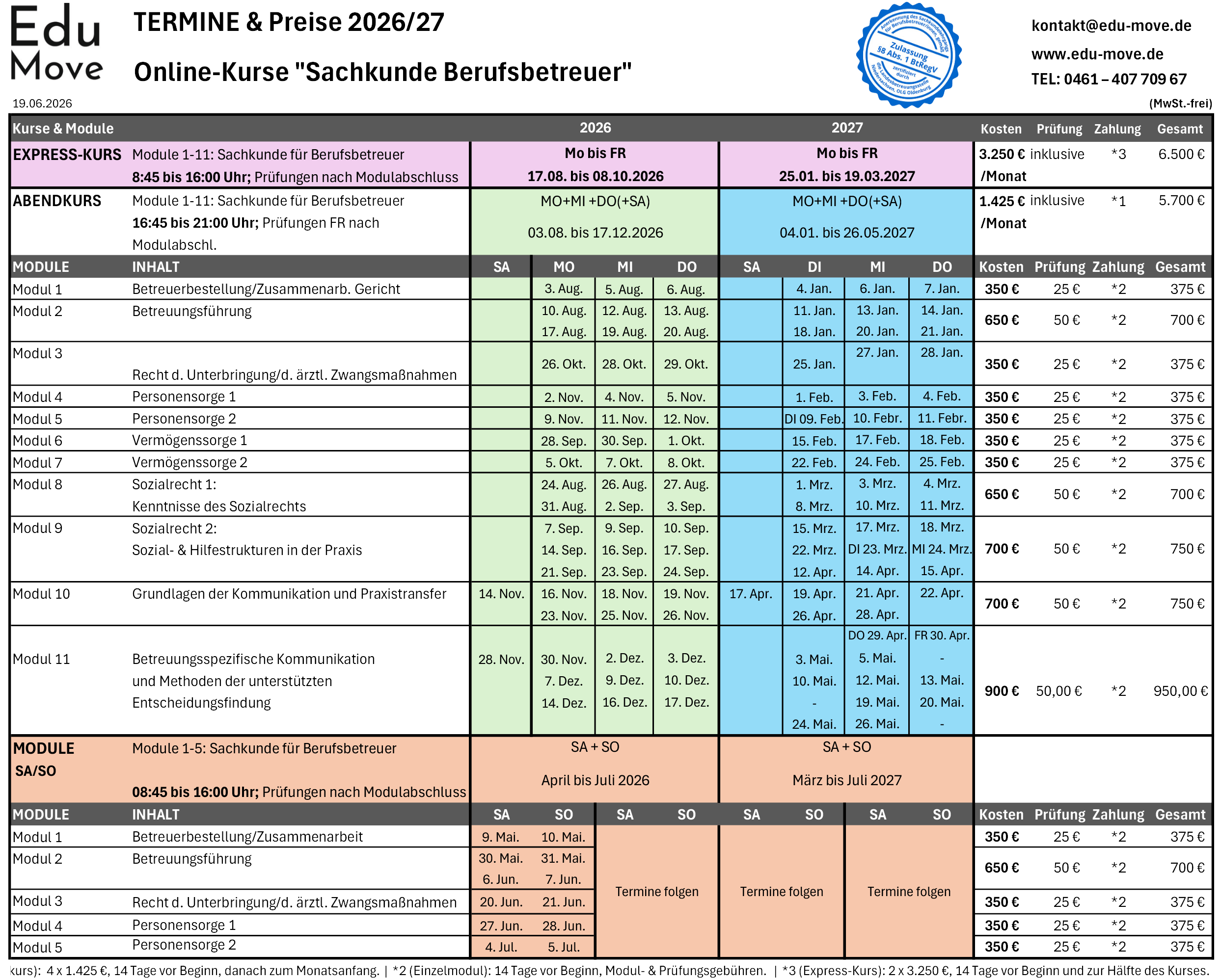Termine Preis Berufsbetreuer Sachkunde 2026/27