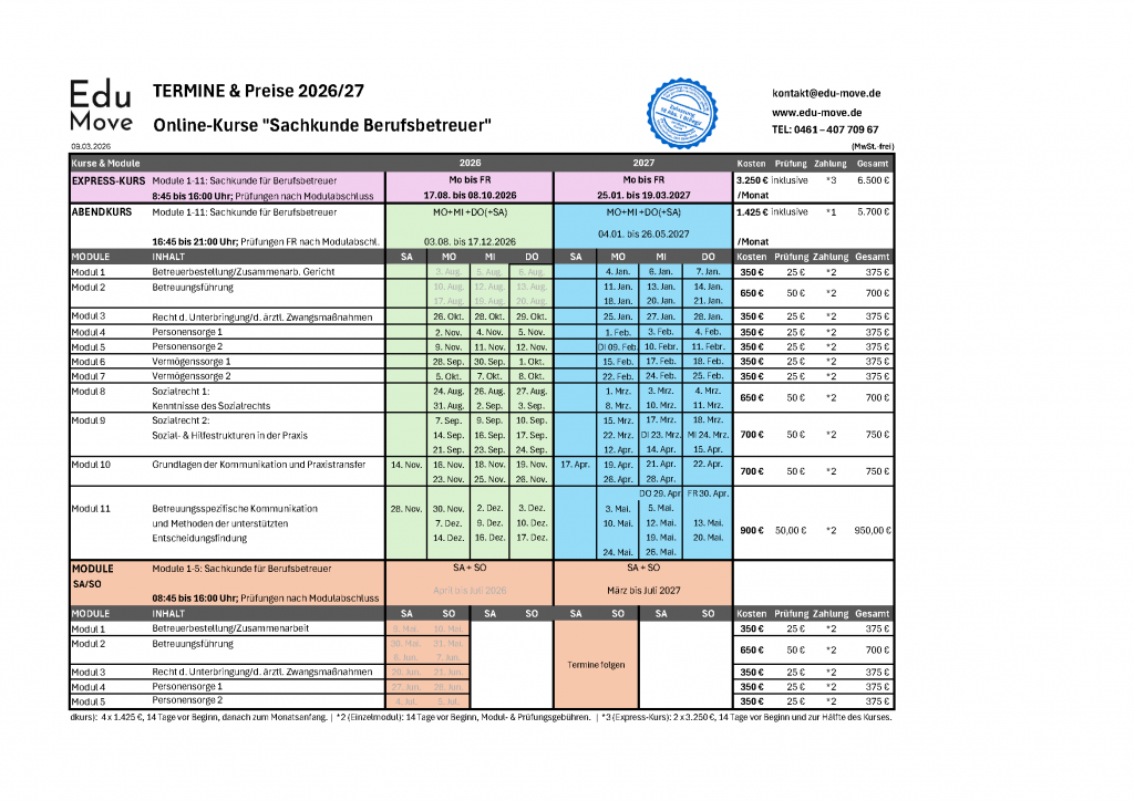 Termine Preis Berufsbetreuer Sachkunde 2026/27